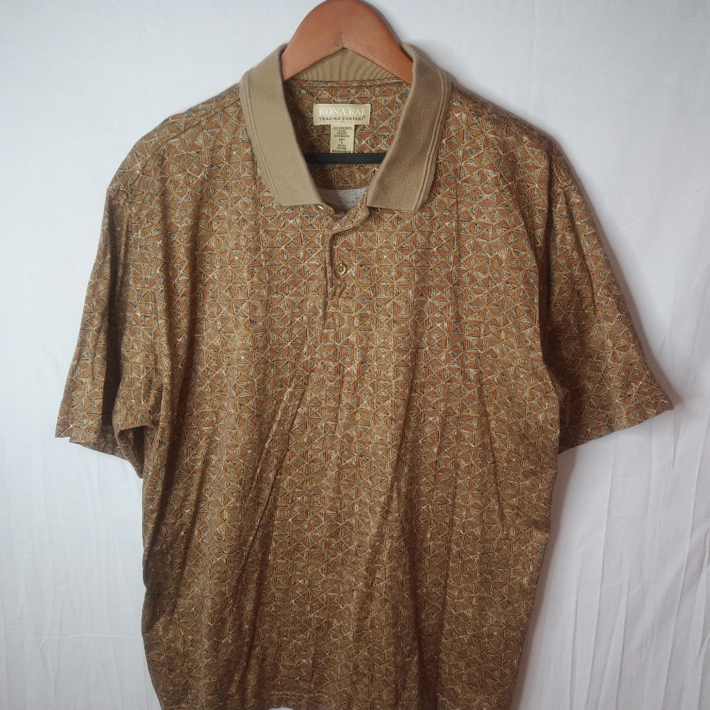 Kona Kai L Mens Tan Print Cotton Polo L
